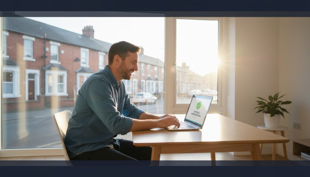 Man seated at a wooden table, typing on a laptop in a sunlit home office near a large window.
