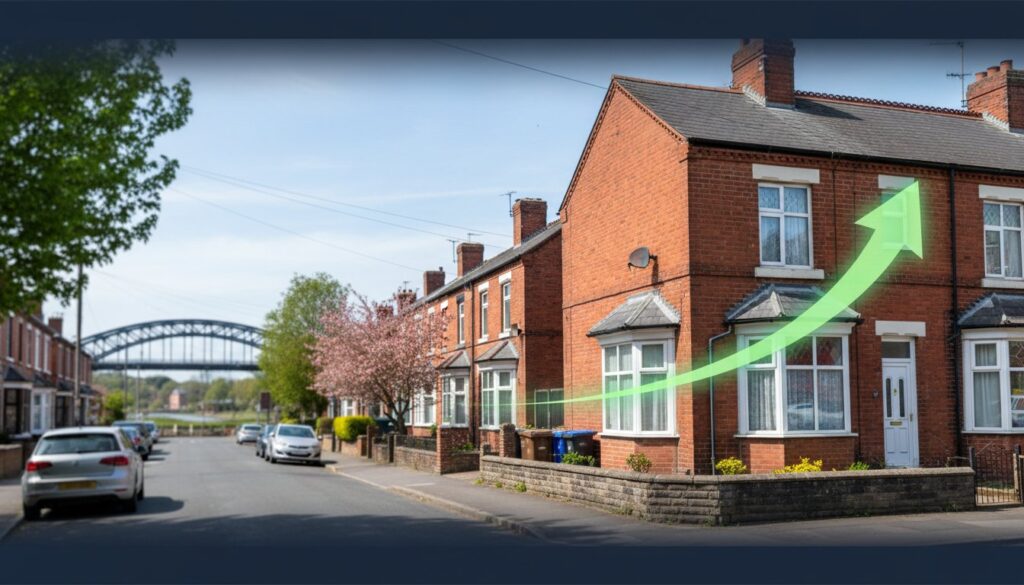 Row of red brick houses on a sunny street with a bright green upward arrow indicating growth